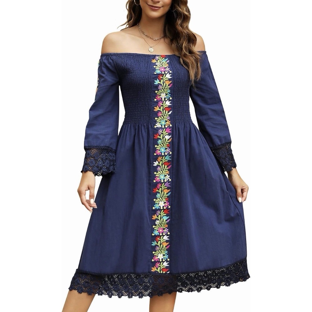 Womens Fiesta Floral Embroidered Dress Size XXL Navy Blue Smocked Off Shoulder